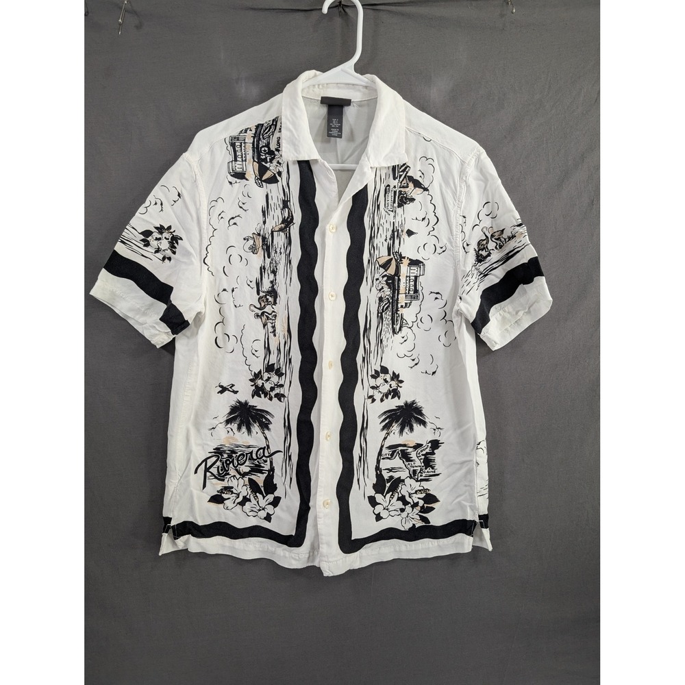 HM Riviera Resort Shirt White Black Graphic Regular Fit Small